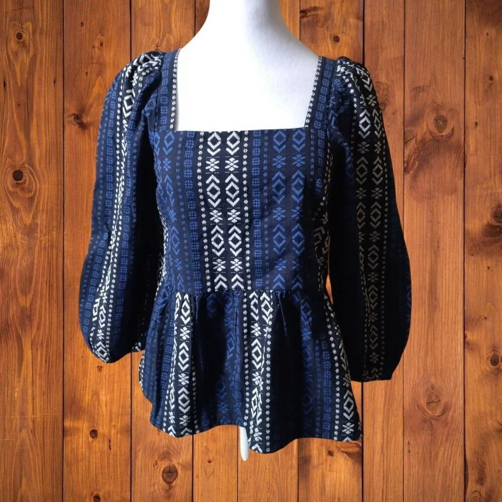 Madewell XXS Lightspun Millbrook Puff-Sleeve Peplum Top Pullover Geometric Print